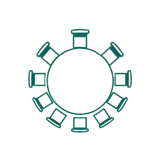 Ten seats arranged around a round council table